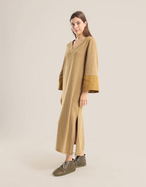 Reversible long aline dress with V neckline and embroidery on sleeves